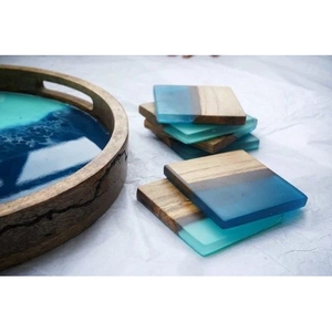 Resin Wood Square <b>Coaster</b> Set <b>Heat</b> Resistant Drink <b>Coasters</b> with Ocean Blue Resin for Coffee Tea Dining Table Home Office Decor - Product Image 1