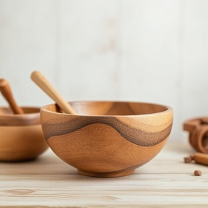 Tazón de Madera Moderno Hecho a Mano, Acabado Pulido Suave, Duradero y Ligero, para Servir Ensaladas, Bocadillos, Uso en el Hogar y Restaurantes RMW - Product Image 1