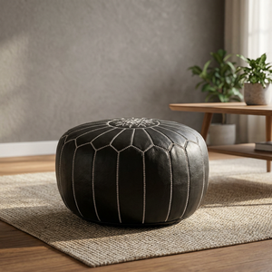 Black Genuine Leather <b>Pouf</b> Cover Embroidered Bohemian Style Handmade Home Decor Cushion Geometric Design Drawstring Closure - Product Image 4
