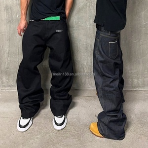 Jeans en denim japonais surdimensionnés sur mesure de haute qualité pour hommes, coupe droite et large, couleur noire - Product Image 1