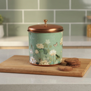 Boîte alimentaire ronde en métal avec couvercle, motif floral, couvercle en cuivre vert, pot de rangement pour la cuisine - Product Image 5