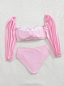 2026 Set Bikini Bandeau 2 potong warna polos merah muda menawan baru lengan panjang untuk wanita pakaian renang pantai pakaian liburan bunga 3D - Product Image 4