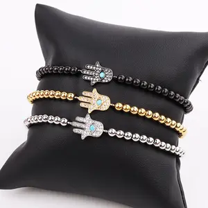 Chất Lượng Cao Cubic Zircon Pave Hamsa Hhand Charm Hạt Thép Không Gỉ Phụ Nữ Macrame Bracelet