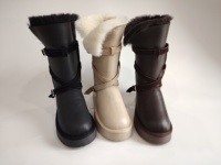Bottes d'hiver pour femmes en cuir véritable mi-mollet avec col en fourrure de mouton, doublure en fausse fourrure, semelle plateforme pour les jours de neige