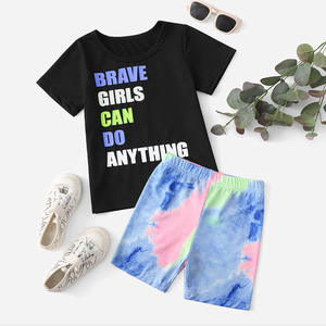 Ensemble 2 pièces pour bébés filles : T-shirt graphique à slogan et short tie-dye, col rond, été - Product Image 3