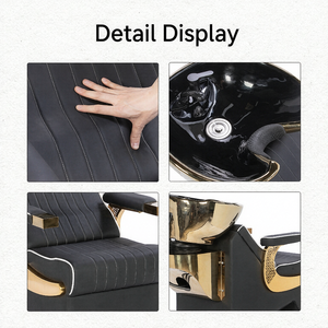 Sillón de Lavado de Cabello Moderno Negro y Dorado para Salón, Semicómodo, con Estructura de Aluminio y Lavabo de Cerámica, Mueble de Salón - Product Image 5