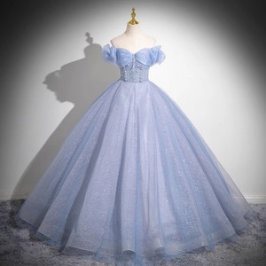 Off Shoulder Light Blue Tutu Dress Long Skirt Princess Style Stage Performance Women Adult - Product Image 1