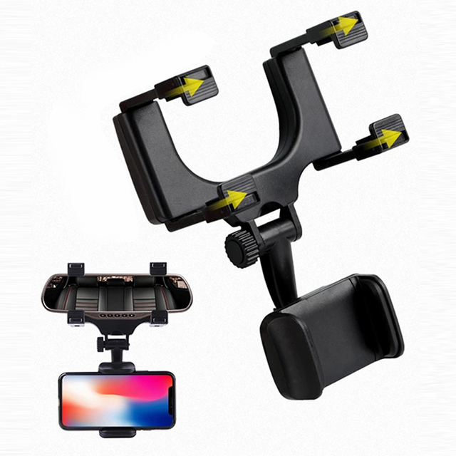 360 Degree Car Rearview Mirror Phone Holder Mount Phone and GPS Holder Universal Rotating Adjustable Telescopic Phone Stand Supp