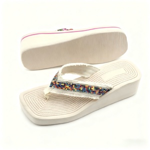 Womens Bohemian Style Wedge <b>Flip</b> <b>Flops</b> Colorful Beaded Woven Fabric Straps Comfortable Stylish Fashion Trend Eco-Friendly Spring - Product Image 2
