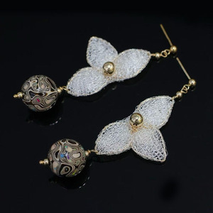 Artisanal Handmade Lacquer Bead <b>Earrings</b>, US‑Imported 14K Gold Filled Wire‑Knitted Mesh Lace Floral Long Dangle <b>Earrings</b> - Product Image 1