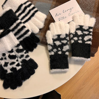 Mitaines tactiles rayées noir et blanc style dessin animé pour femme, imprimé léopard, chaudes, épaisses, tricotées, de luxe, pour l'hiver