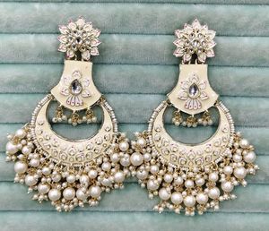 Pendientes de Aro con Diseño Sólido y Perlas de Imitación, Chapados en Oro, Joyería Étnica para Mujer, para Bodas - Product Image 1