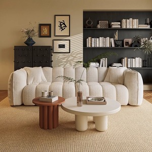 أريكة قماشية فرنسية عتيقة بتصميم اليقطين لثلاثة أشخاص، مجموعة أرائك مستقيمة بحشوة إسفنجية لغرفة المعيشة والشقق الصغيرة، لون كريمي - Product Image 2