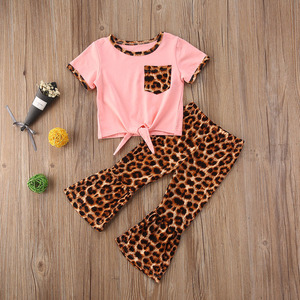 Conjunto de 2 Piezas para Niña, Casual, Transpirable y Ecológico, Primavera/Verano, Top de Manga Corta y Pantalones Acampanados con Estampado de Leopardo - Product Image 3