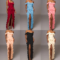 Robe longue moulante à bretelles spaghetti, dos nu, à volants et froncée, pour femme, été, soirée, décontractée, sexy, élégante, dernière collection, couleur unie