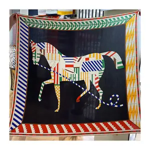 Silk Cashmere Scarf Women Manual Hand Rolled Shawls Euro Horse Printed Square Scarves Wraps Bandana Big Hijabs Female Foulards