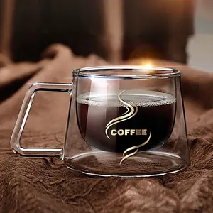 कस्टम लोगो मुद्रित उच्च बोरोसिलिकेट एस्प्रेसो दोहरी दीवार वाला ग्लास कॉफी कप मग हैंडल के साथ