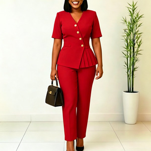 Costumes tendance pour femmes C8663, vêtements de bureau, tenue de travail formelle pour femmes, pantalon slim + ensemble à manches courtes et col en V - Product Image 5