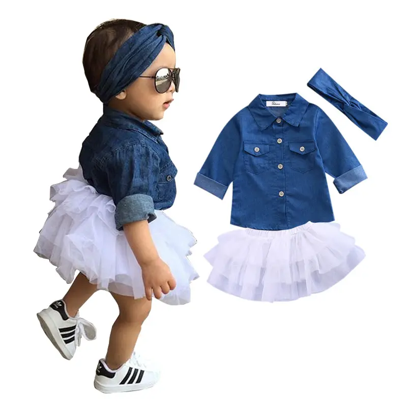 Vendeur en gros de vêtements ensemble de tenues 3 pièces jupes tutu pour bébé robe denim à manches longues t-shirt bleu jupe et haut pour filles LGOS-001