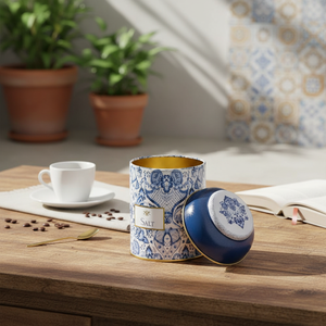 Kontensan ER0805K 0.6L Azulejo-Inspired Blue & White Decorative Pattern Tin 90mm Metal Dome Lid Coffee <b>Tea</b> <b>Sets</b> Made Turkey - Product Image 3