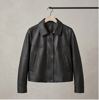 Veste décontractée en peau de mouton à grain naturel mat pour femme, avec ourlet élastique intérieur, coupe ajustée, manteau court en cuir pour trajets quotidiens