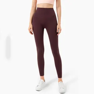 Grosir kualitas tinggi Logo kustom kebugaran Gym ketat tanpa garis depan mulus lembut pinggang tinggi Yoga celana legging wanita