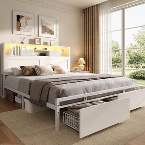SENYU Modern <b>Queen</b> Metal <b>Bed</b> Frame <b>with</b> <b>Storage</b> Drawers and Headboard Shelf Bedroom Furniture - Product Image 1