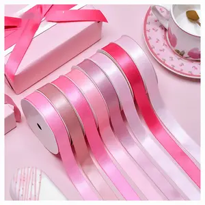 High quality solid pink colors 100% polyester plain colors silk satin ribbon for gift wrap