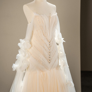 Jancember SFY199 Fée Col Bateau Champagne Robe De Mariée Sirène Avec Cape Manches - Product Image 2