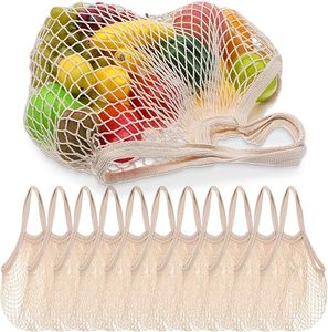 Reusable Cotton Mesh Produce Bags, Beige Washable Grocery <b>Net</b> Tote Bags with Handles, Eco Friendly Organizer - Product Image 1