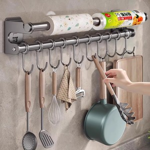 <b>Wall</b> Mounted Kitchen <b>Hook</b> <b>Rack</b> With Roll Holder For Pot Spatula Spoon Towel Storage Rectangle Design - Product Image 1