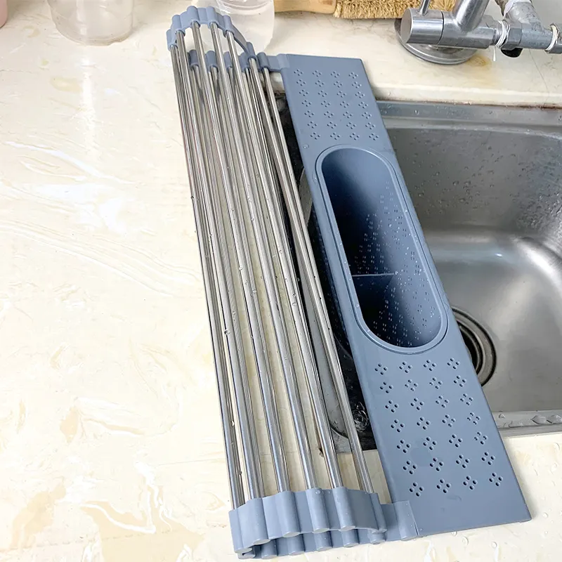 Roll Up Silicone Kitchen Stainless Steel Plastic Drain Basket Organizador De Fregadero Drainer Folding Dish Drying Sink Rack