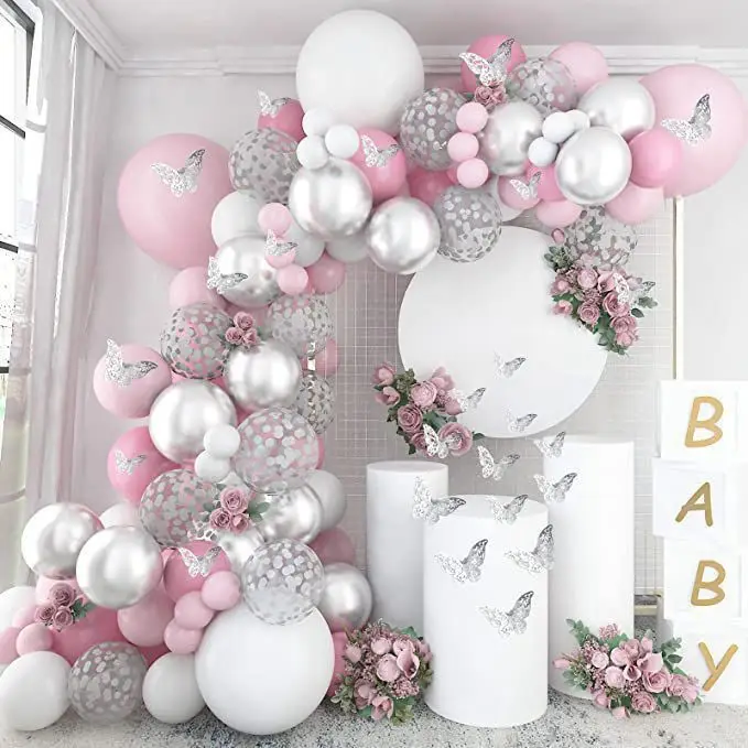 Pink Metallic Silver Balloons Set Party Decoration White Balloon Butterfly Sticker Sequin Balloon Bridal Shower Birthday Party