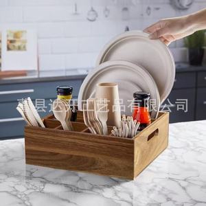 Caja de almacenamiento de madera con compartimentos para cubiertos de cocina y vajilla de exterior, organizador de escritorio rectangular - Product Image 1