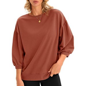 Sudadera de cuello redondo para mujer, manga abullonada, corte holgado, color marrón, informal, para otoño - Product Image 1