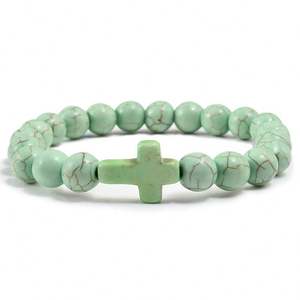 Bracelet extensible en pierres semi-précieuses de 8 mm, turquoise, avec croix en perles, pour homme, idéal pour un cadeau (vente en gros) - Product Image 4