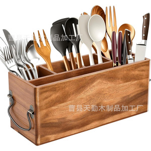New solid wood five-compartment <b>kitchen</b> cutlery storage box with handle and compartments for organizing cutlery. - Product Image 5