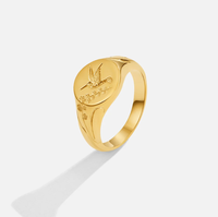 Bague signet ovale en acier inoxydable avec motif colibri et branche florale en relief, pour femme, bijou tendance