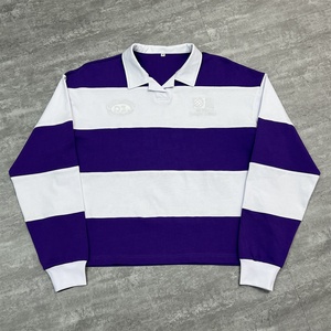 เสื้อโปโลรักบี้ลายทางผู้ชายไซส์พลัสแบบสั่งทำพิเศษ ทรงหลวมไหล่ตก เสื้อยืดทรงบ็อกซี่ ปักลาย เสื้อยืดแขนยาวสำหรับผู้ชาย - Product Image 1