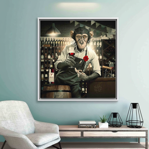 Banksy Monkey Bartender Canvas Art - Unique Printed Artwork,WHITE <b>FRAMED</b> CANVAS - Product Image 3