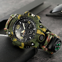 Jam Tangan Survival Outdoor dengan Tali Umbrella Rope Nylon Braided dan Spark Stone, Jam Tangan Analog Digital Sport Pria Tahan Air