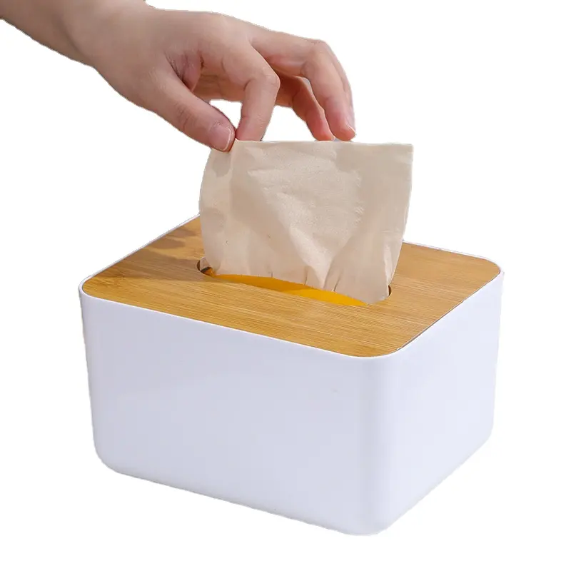Caja de pañuelos de grano blanco de plástico facial barata con cubierta de bambú Caja de almacenamiento de papel con tapa de madera simple