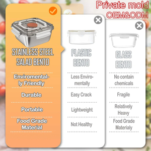 Conteneur à salade en acier inoxydable écologique OCPO HOME 60oz, plateau à vinaigrette à 3 compartiments, bols en métal imprimés en 3D, vente en gros, personnalisable - Product Image 5