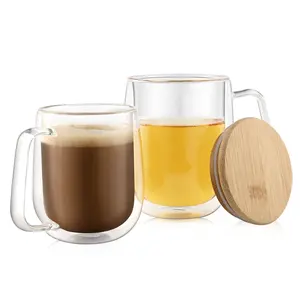 Изолированные двухстенные стеклянные кофейные чашки эспрессо с бамбуковой крышкой с ручкой для капучино, латте, американо, чайного пакетика