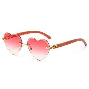 Wholesale Fashion Luxury Love Frameless Women Glasses Wood Grain Mirror Legs UV400 Sunglasses 2024