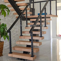 YL METAL Garde-corps en câble à marches droites en bois de qualité supérieure pour intérieur, escalier flottant moderne avec éclairage LED, conception d'escalier