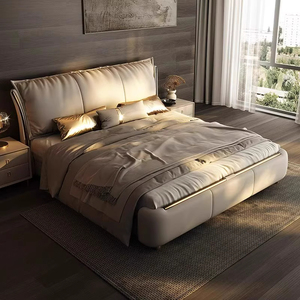 Lit double italien de luxe de 1.8m 2.2m Lit rembourré simple et moderne en bois clair Cuir confortable pour la <span class=keywords><strong>literie</strong></span> de la chambre principale - Product Image 3