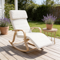 Fauteuil à bascule de loisirs moderne en bois massif avec structure en fer réglable et assise en tissu confortable pour salon