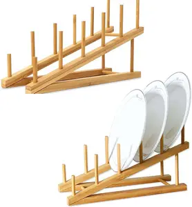 Égouttoir à vaisselle en bois support de plaque à vaisselle en bambou support de couvercle de Pot organisateur d'armoires de cuisine pour bol tasse Pot couvercle planche à découper