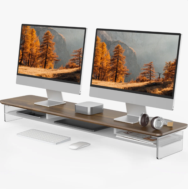 Clear Dual 2 Tier Acrylic Monitor Laptop Stand Riser with Metal Storage for Desk
